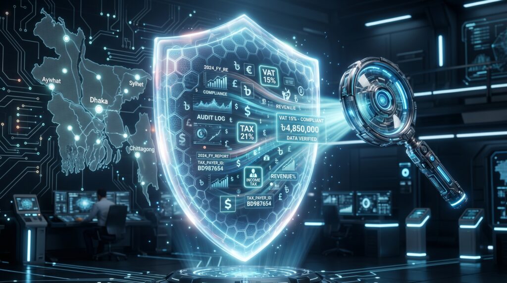 Professional Bangladeshi financial auditors reviewing Tax and VAT compliance documents in a modern corporate office in Dhaka.