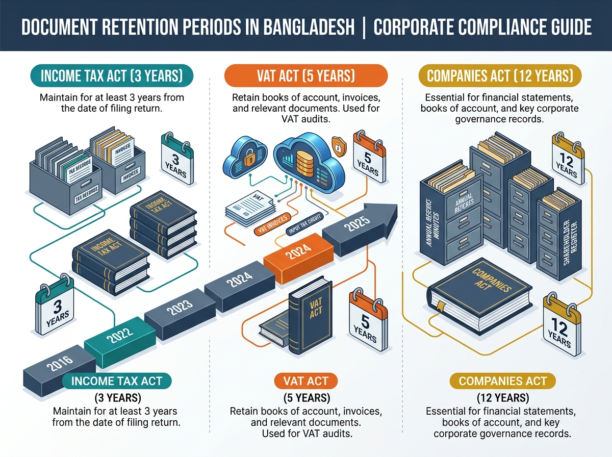 A financial infographic detailing the mandatory document retention periods in Bangladesh for 2025, showing 3 years for Income Tax, 5 years for VAT, and 12 years for the Companies Act.