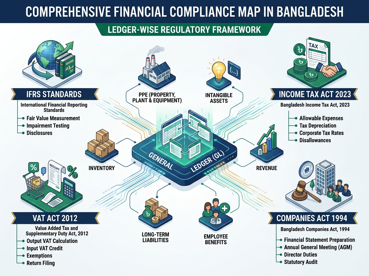 A detailed financial infographic mapping ledger-wise compliance across IFRS, VAT Act 2012, Income Tax Act 2023, and Companies Act 1994 in Bangladesh for 2025.