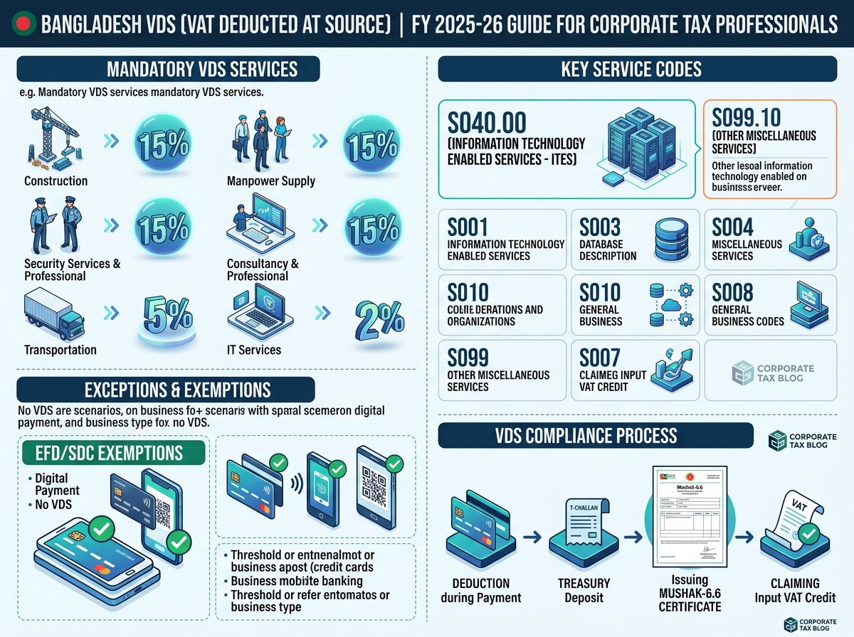 A detailed financial infographic showing the VDS rate chart, service codes, and VAT compliance rules in Bangladesh for FY 2025-26.